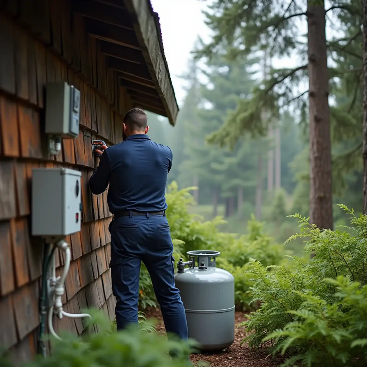 HVAC technician servicing a propane furnace vent at an owner-built home in Home, WA on the Key Peninsula