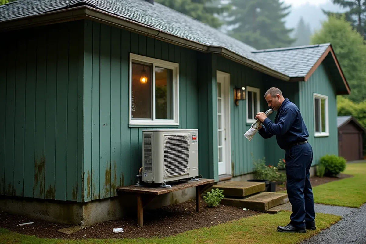 Technician clearing fir needles from a ductless mini-split outdoor unit at a small older home in Hoodsport, WA