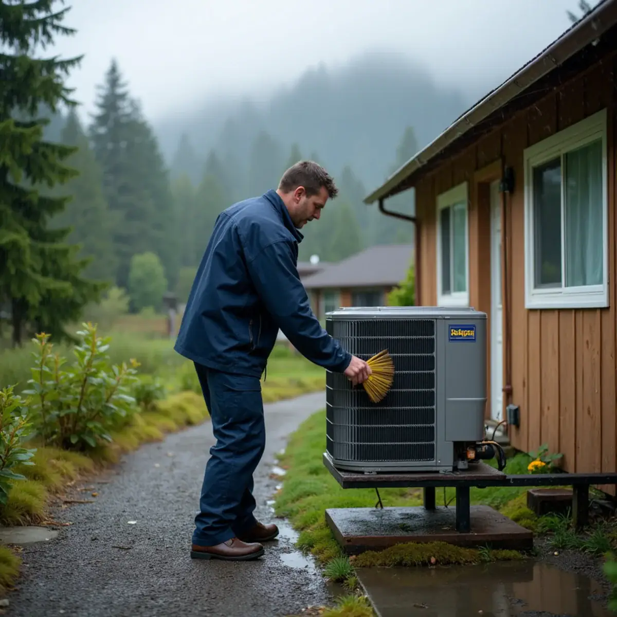 HVAC technician clearing moss from a heat pump at a rainy Hood Canal home in Hoodsport, WA