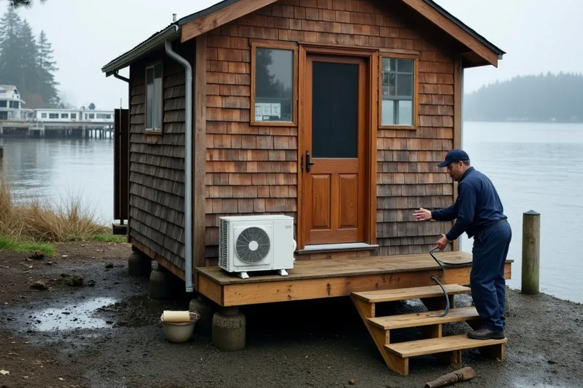 Ductless mini-split outdoor unit at a post-and-pier beach cabin in Indianola, WA