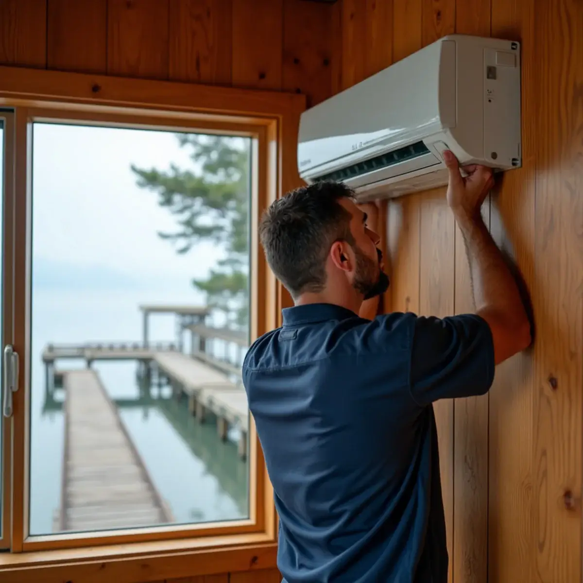 Technician installing a ductless indoor head in a historic beach cabin in Indianola, WA