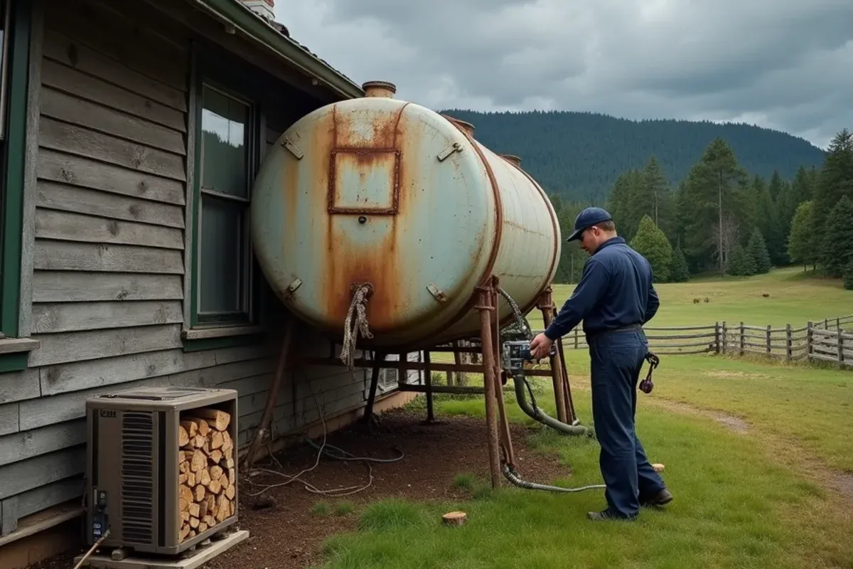Technician removing an old heating oil tank from a rural farmhouse in Jefferson County, WA
