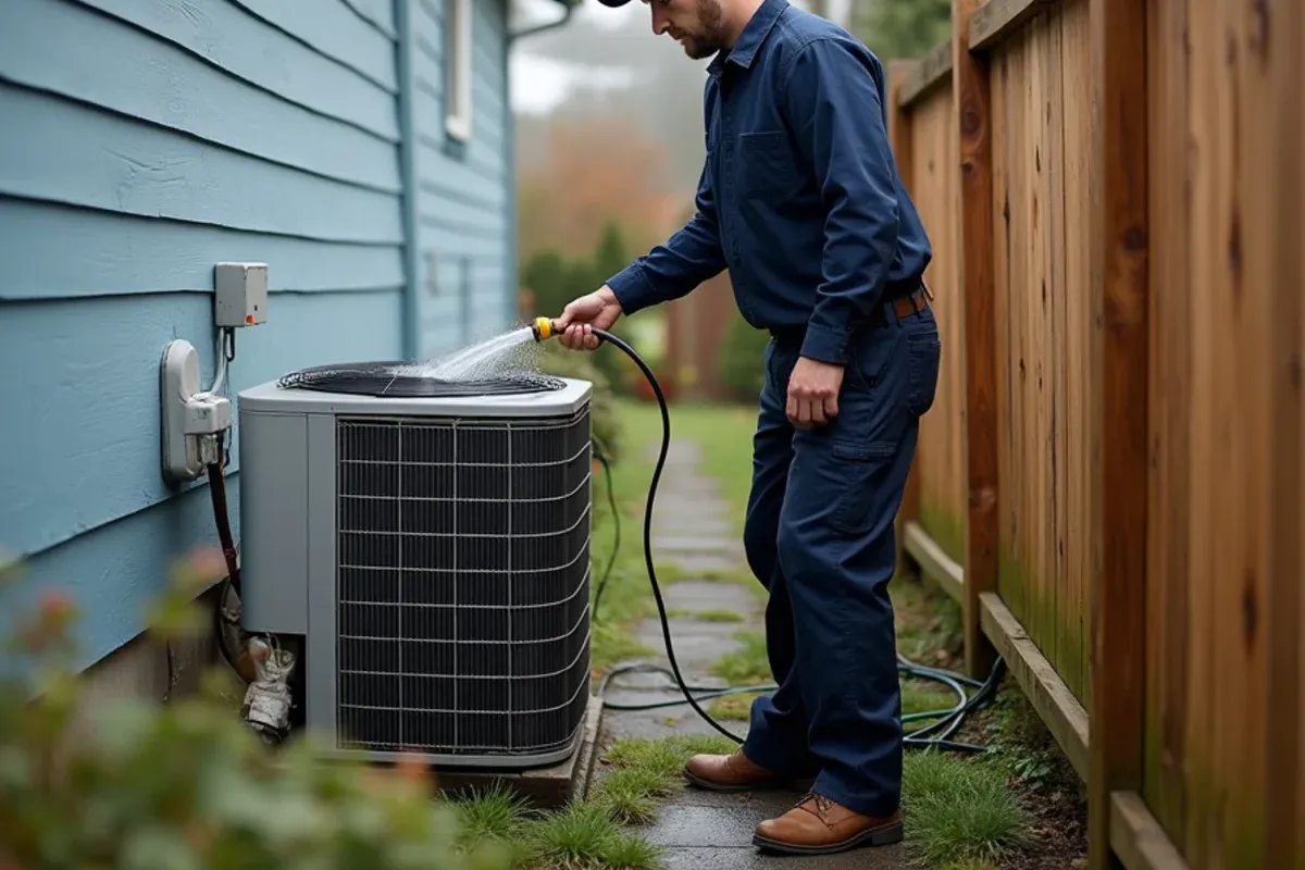 Technician rinsing a salt-coated heat pump coil in a narrow side yard in Keyport, WA