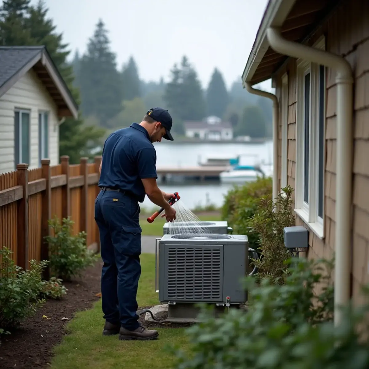 HVAC technician rinsing a salt-exposed heat pump coil at a small home in Keyport, WA