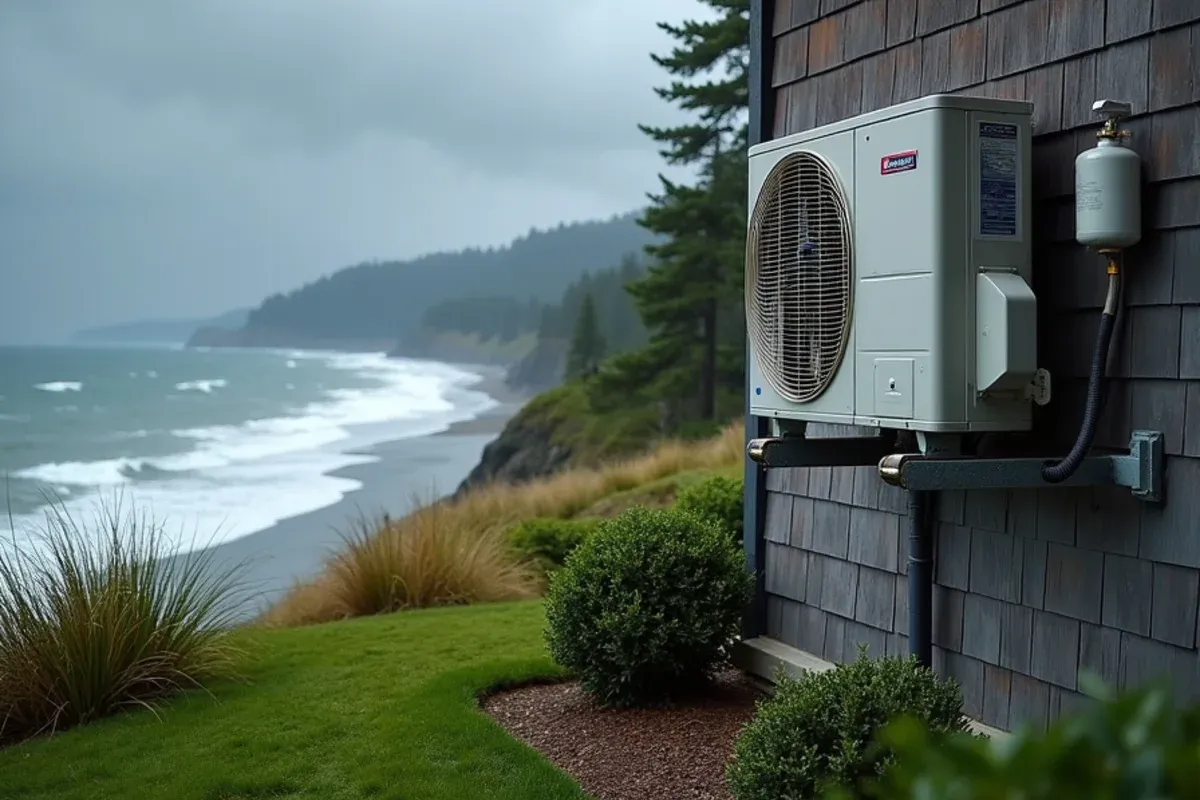 Heat pump on a wall bracket at a bluff home near Apple Tree Point in Kingston, WA