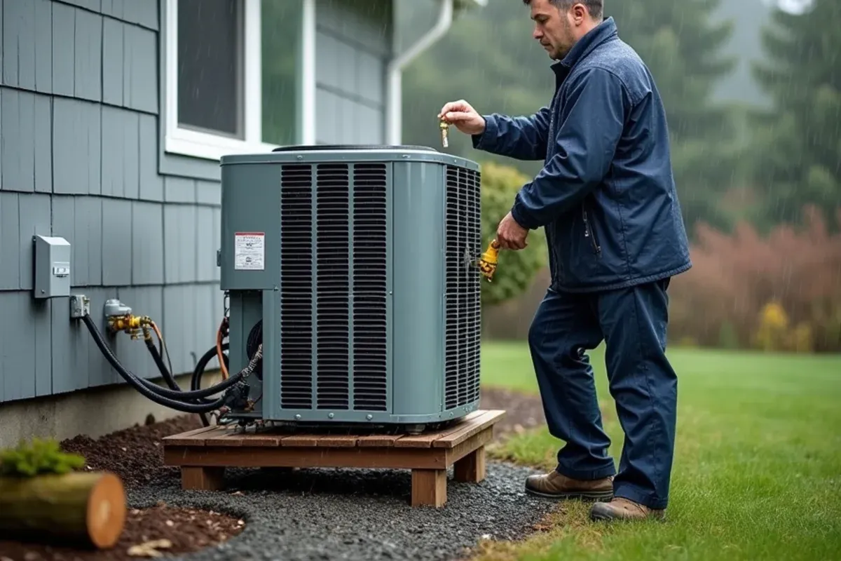 Rain-soaked heat pump on a raised stand beside a two-story home on a wooded Kitsap County, WA lot