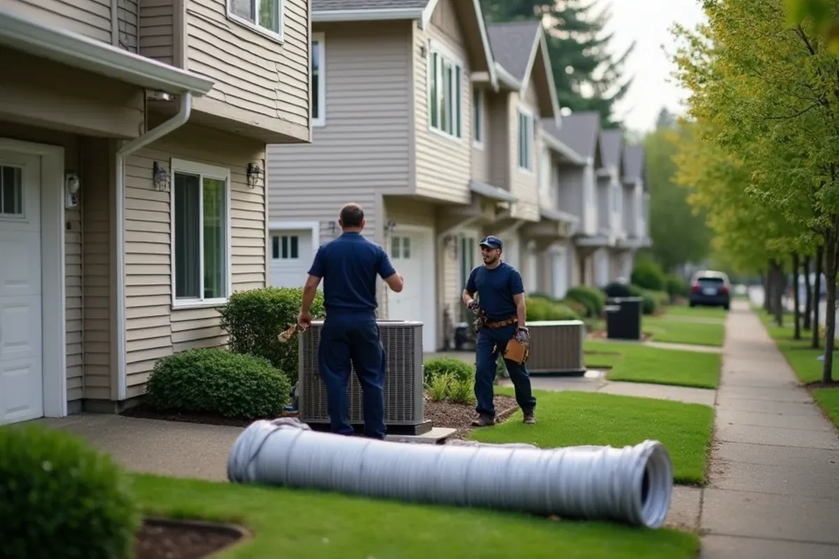 Builder-grade outdoor unit being replaced at a 1990s subdivision home in Hawks Prairie, Lacey, WA