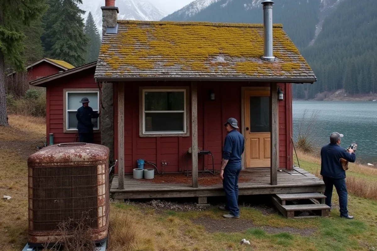 Hood Canal home in Mason County, WA with an oil tank, woodpile and new heat pump side by side