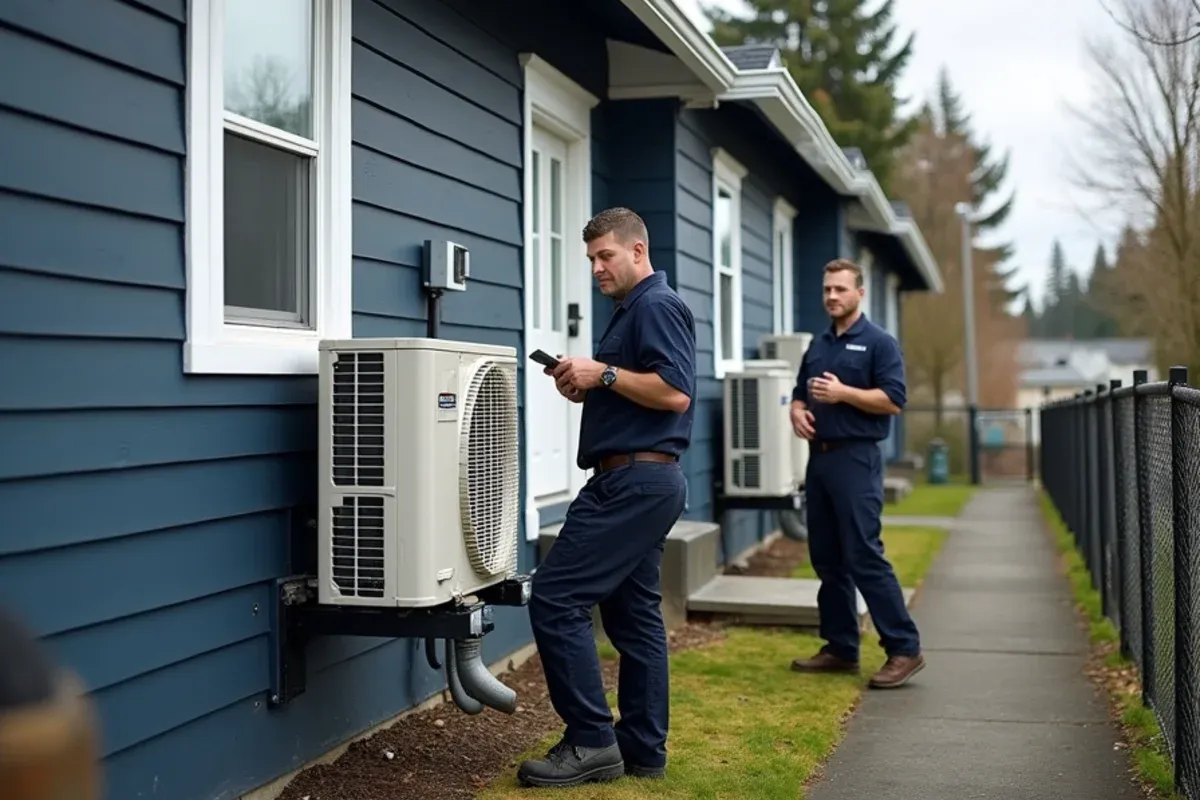 Ductless heat pump outdoor units beside a WWII-era duplex in Navy Yard City, WA