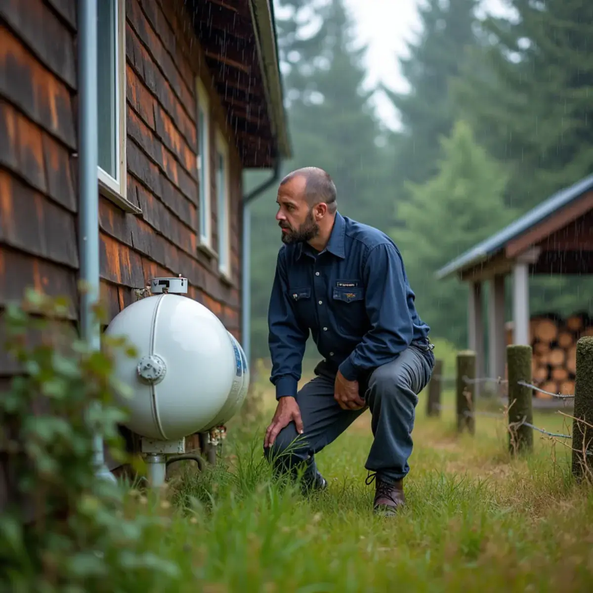 HVAC technician servicing a propane furnace vent at a rural acreage home in Olalla, WA
