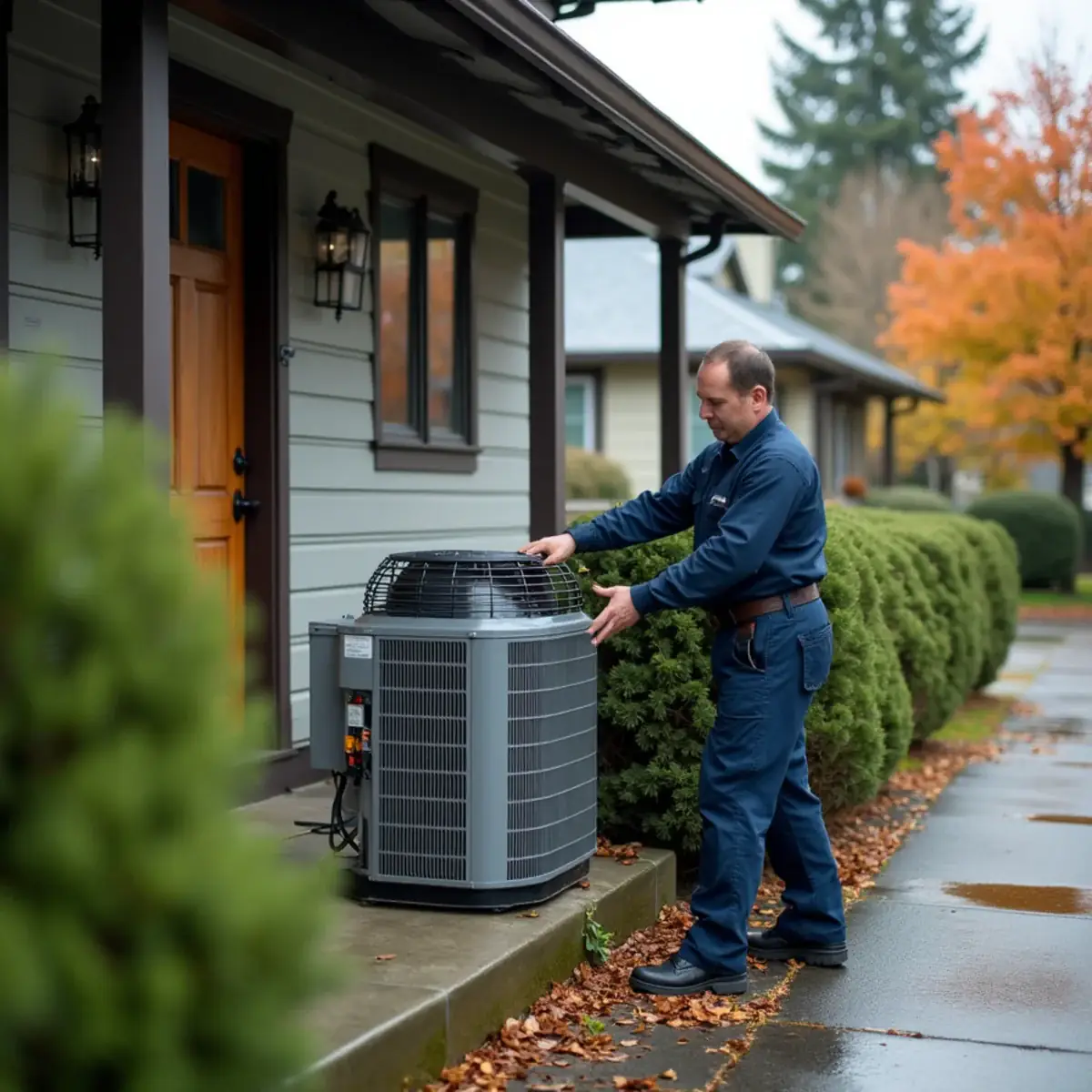 Technician installing a heat pump beside a craftsman bungalow in Olympia, WA
