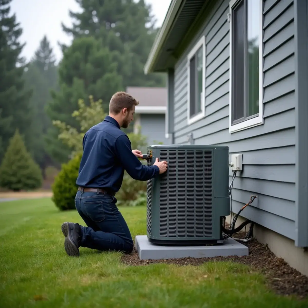 Technician setting a heat pump outdoor unit beside a two-story Gig Harbor-area home in Pierce County, WA