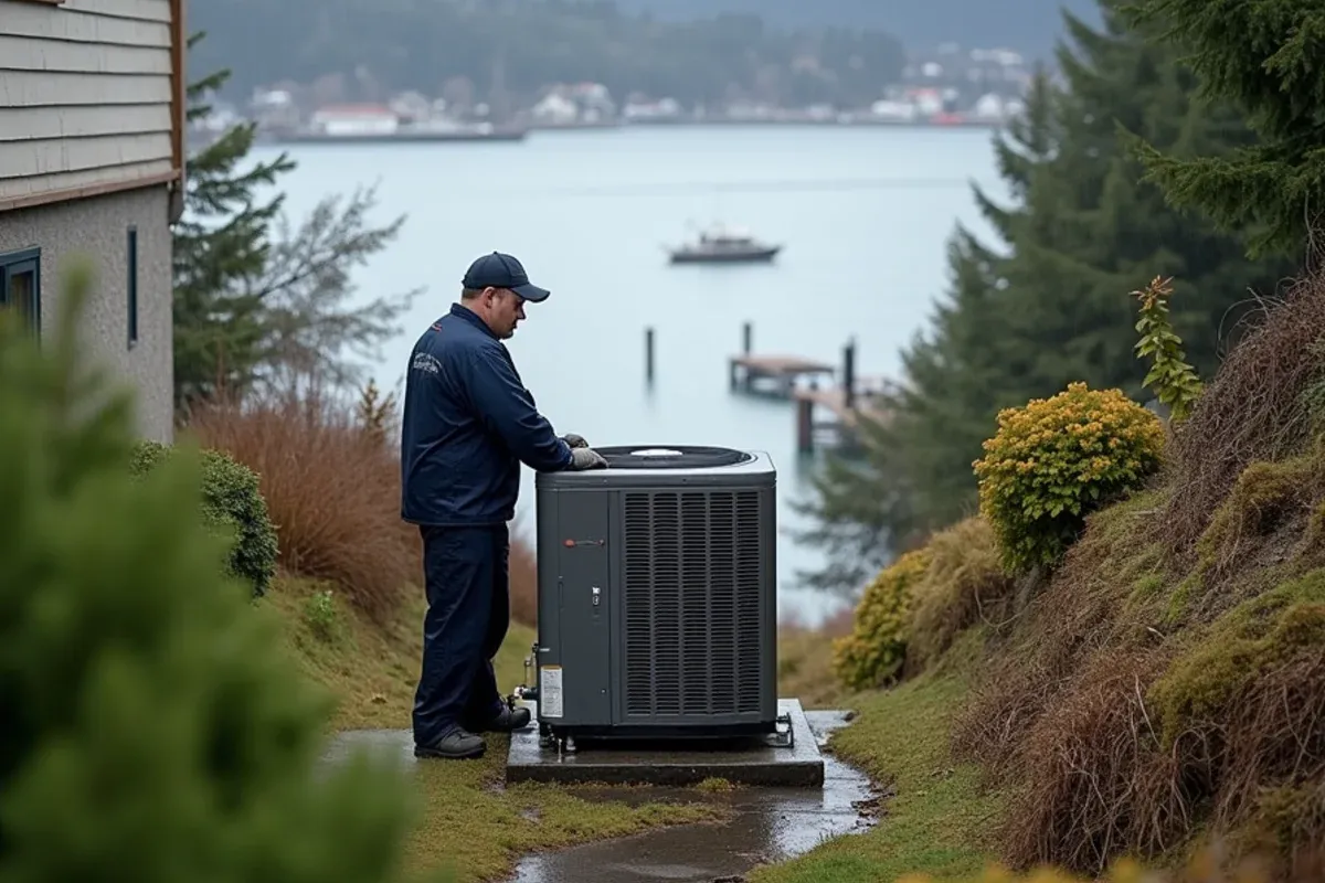 Heat pump anchored on the lee side of an early-1900s hillside home above the harbor in Port Angeles, WA