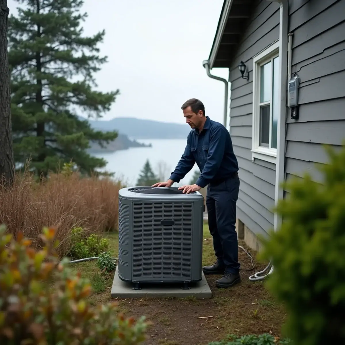Technician installing a heat pump behind a hillside home in Port Angeles, WA