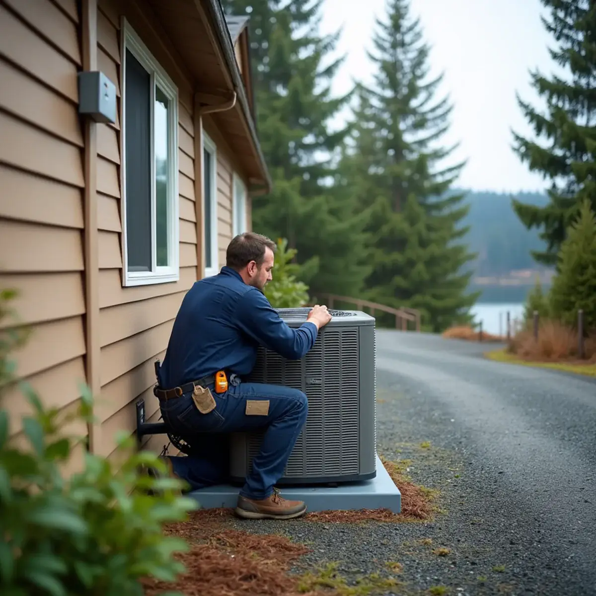 Technician setting a heat pump beside a manufactured home in Port Hadlock-Irondale, WA