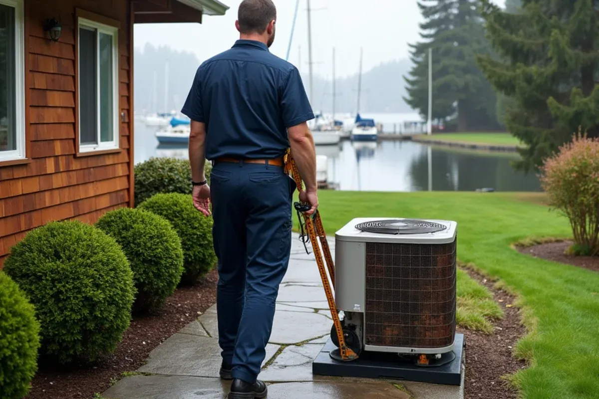 Original heat pump being replaced with a quiet inverter model at a planned-community home in Port Ludlow, WA