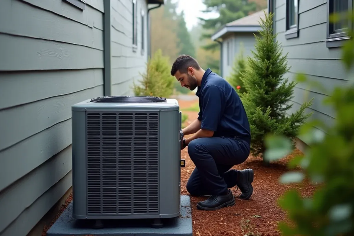 Builder-grade heat pump in the side yard of a newer home in McCormick Woods, Port Orchard, WA