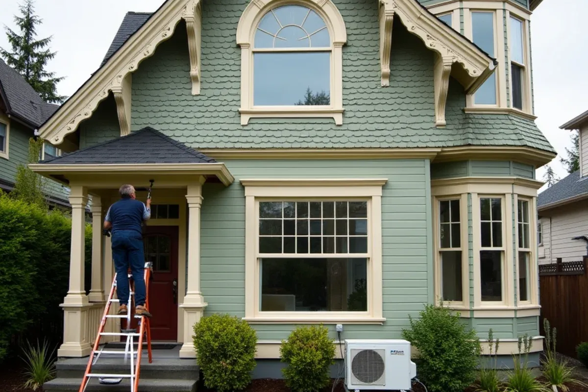 Ductless mini-split line set running up the rear of an 1890s Victorian in Port Townsend’s Uptown
