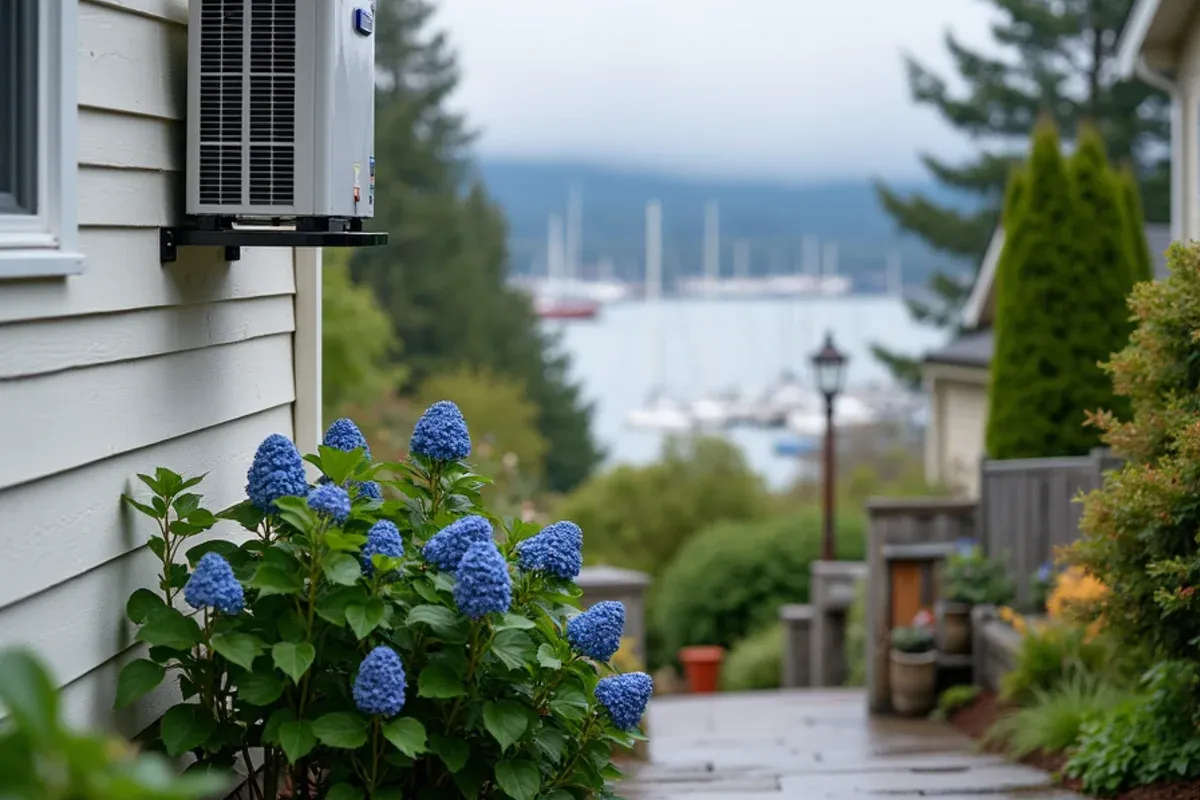 Ductless mini-split outdoor unit on an older hillside home above Liberty Bay in Poulsbo, WA