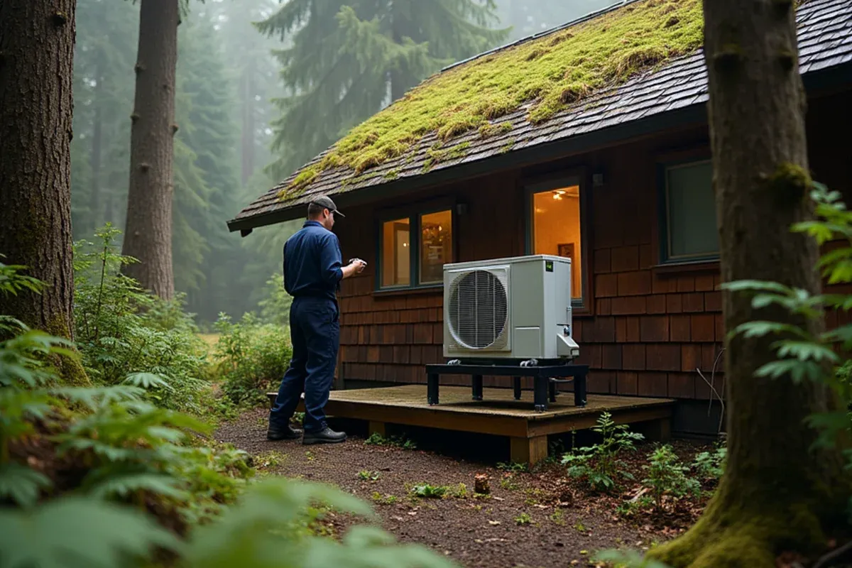 Ductless outdoor unit on a raised stand beneath tall firs at a forest cabin near Quilcene, WA