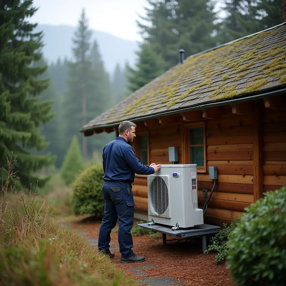 Technician installing a mini-split outdoor unit on a raised stand at a Quilcene, WA cabin