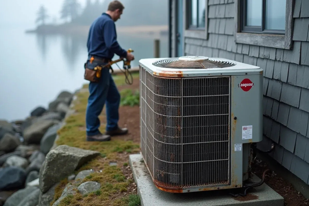 Salt-streaked heat pump condenser beside a waterfront home on Rocky Point, Bremerton, WA