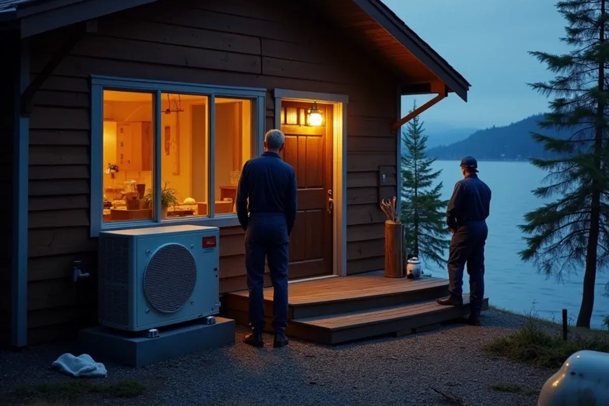 Hood Canal cabin in Seabeck, WA with a heat pump, propane tank and fireplace glow during a power outage