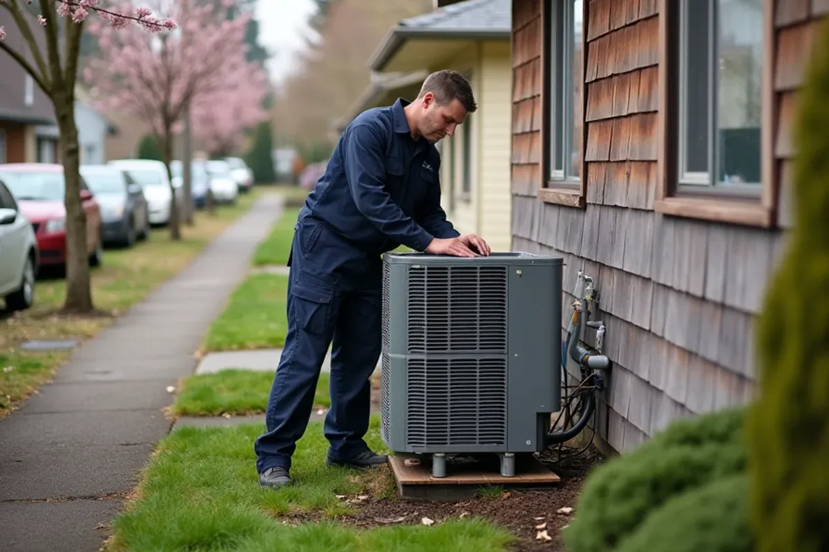 Heat pump going into the tight side yard of a Craftsman foursquare in Ballard during an oil-to-heat-pump conversion in Seattle