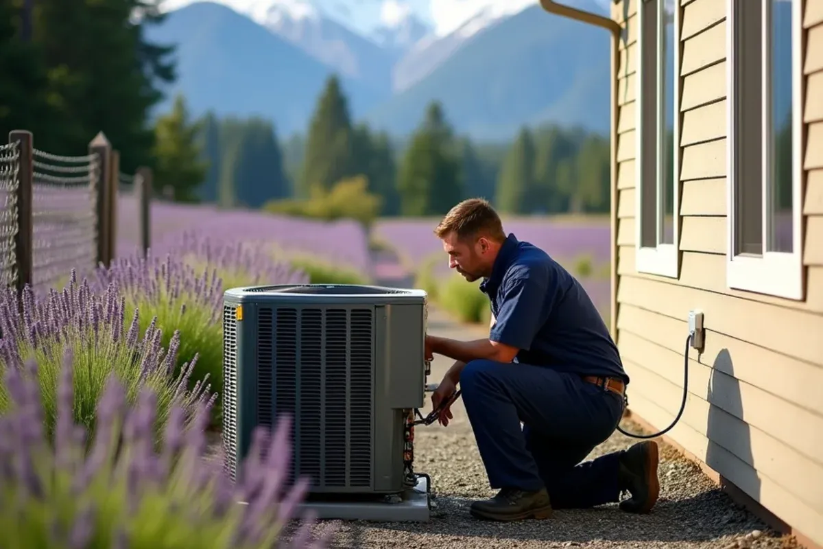 Heat pump beside a sunny single-level rambler with lavender fields beyond in Sequim, WA