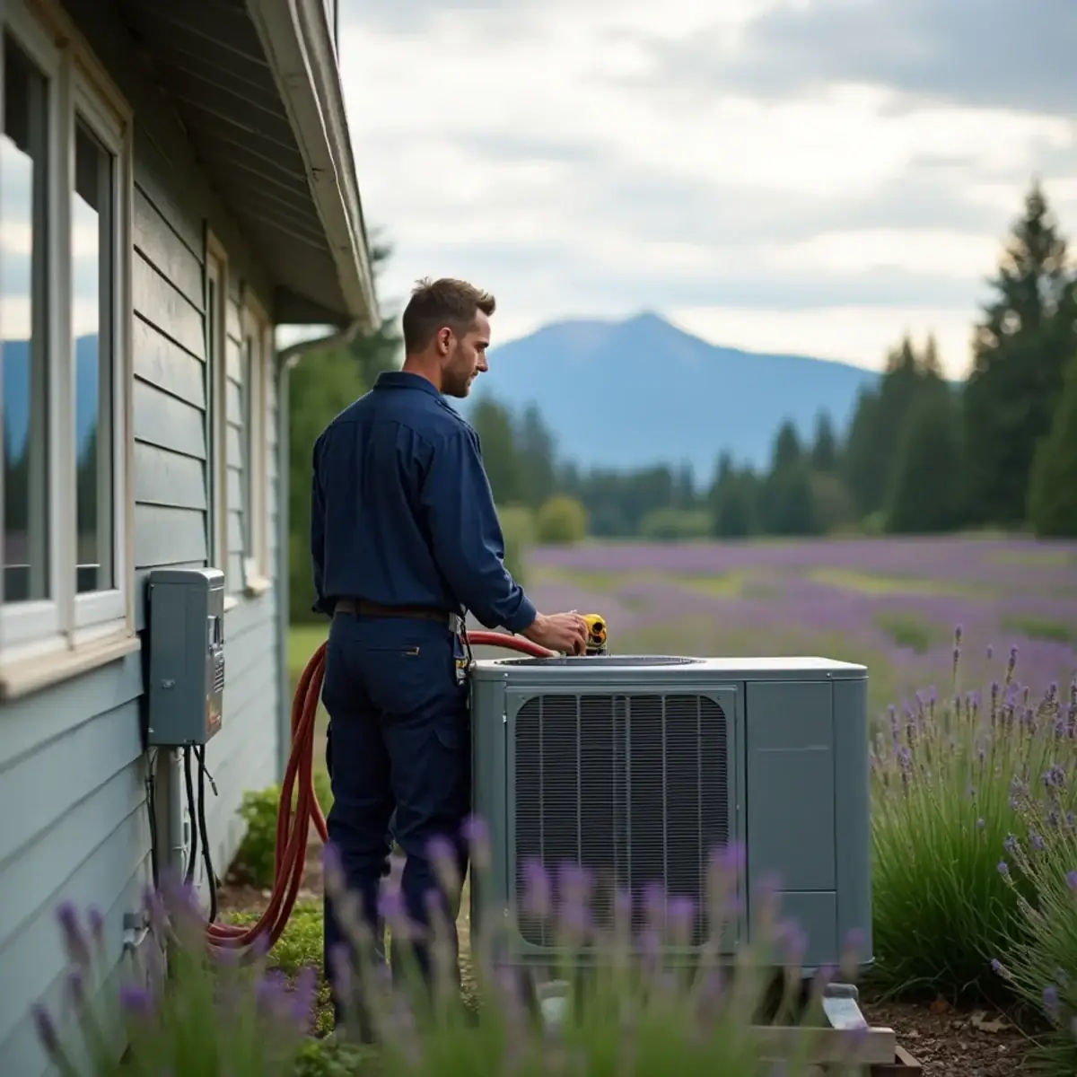 Technician installing a heat pump at a single-level home in Sequim, WA