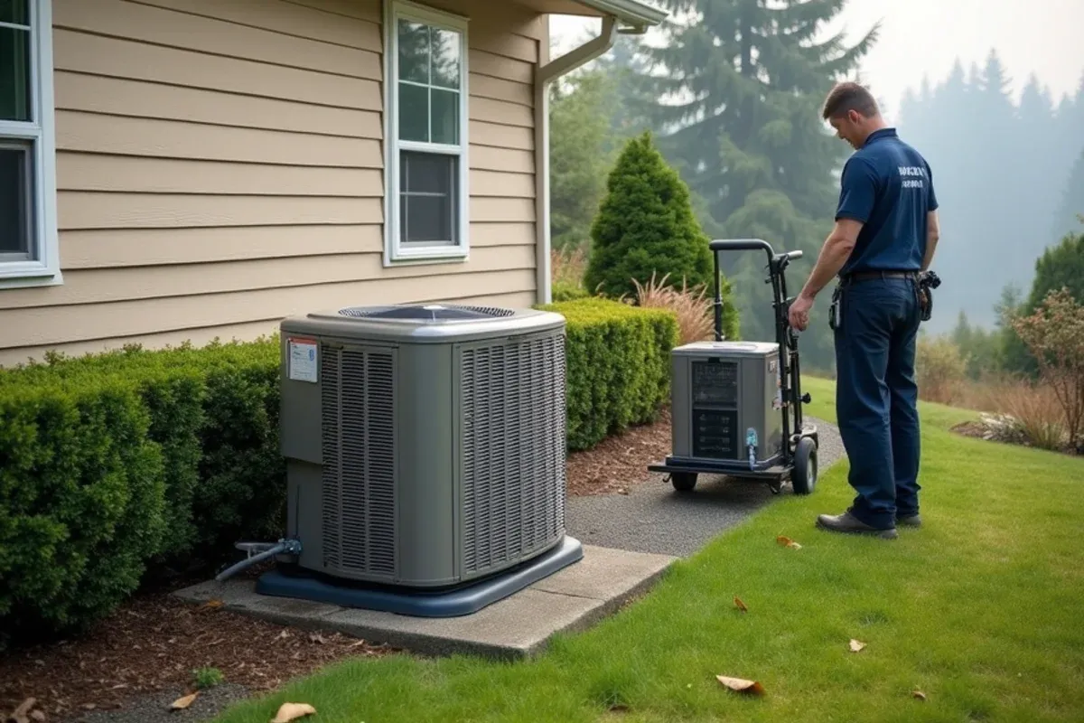Aging R-22 heat pump next to its replacement at a 1990s home in Ridgetop, Silverdale, WA