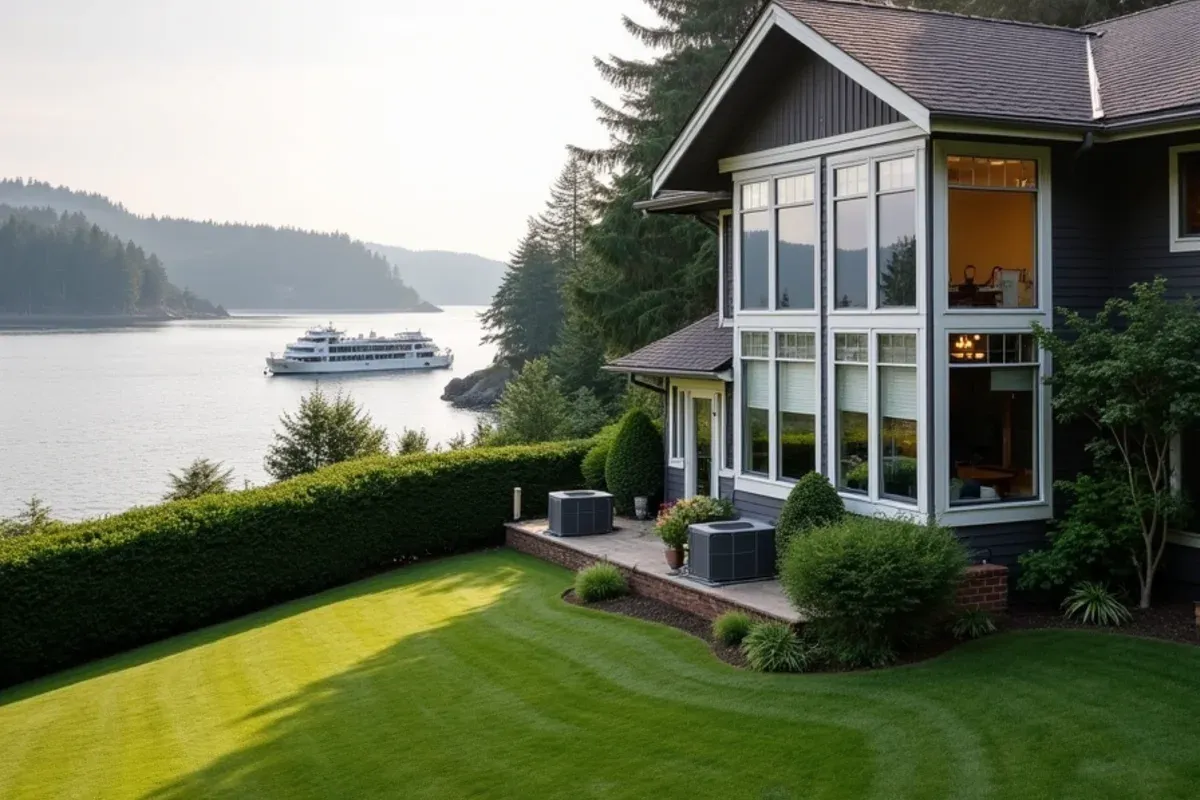 Heat pump beside a bluff-top home with tall windows above Colvos Passage in Southworth, WA