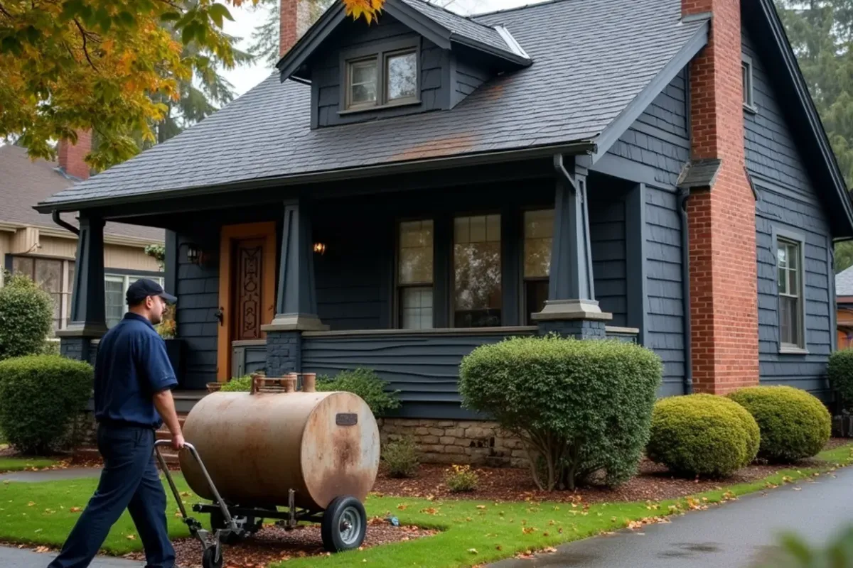 Old oil tank being removed from an early-1900s Craftsman in Tacoma’s North End during a heat pump conversion