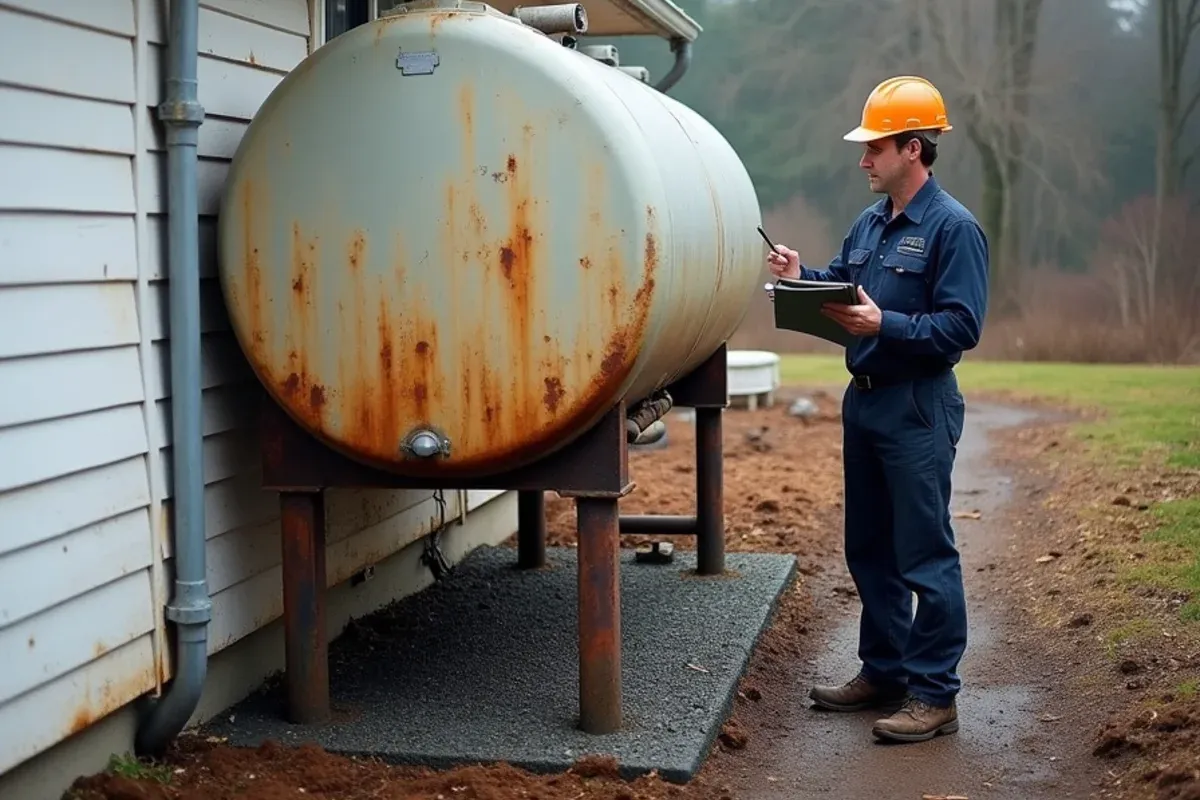 Aging heating oil tank beside a mid-century home in Tracyton, WA awaiting heat pump conversion