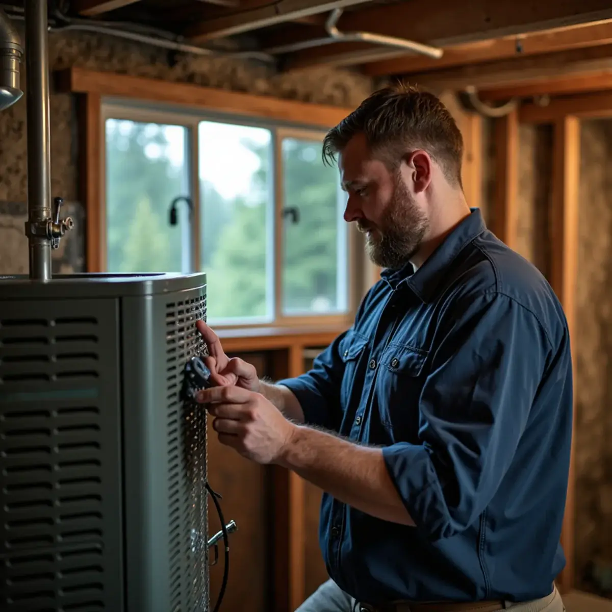 Technician checking ductwork during an oil furnace to heat pump conversion in a mid-century Tracyton, WA home