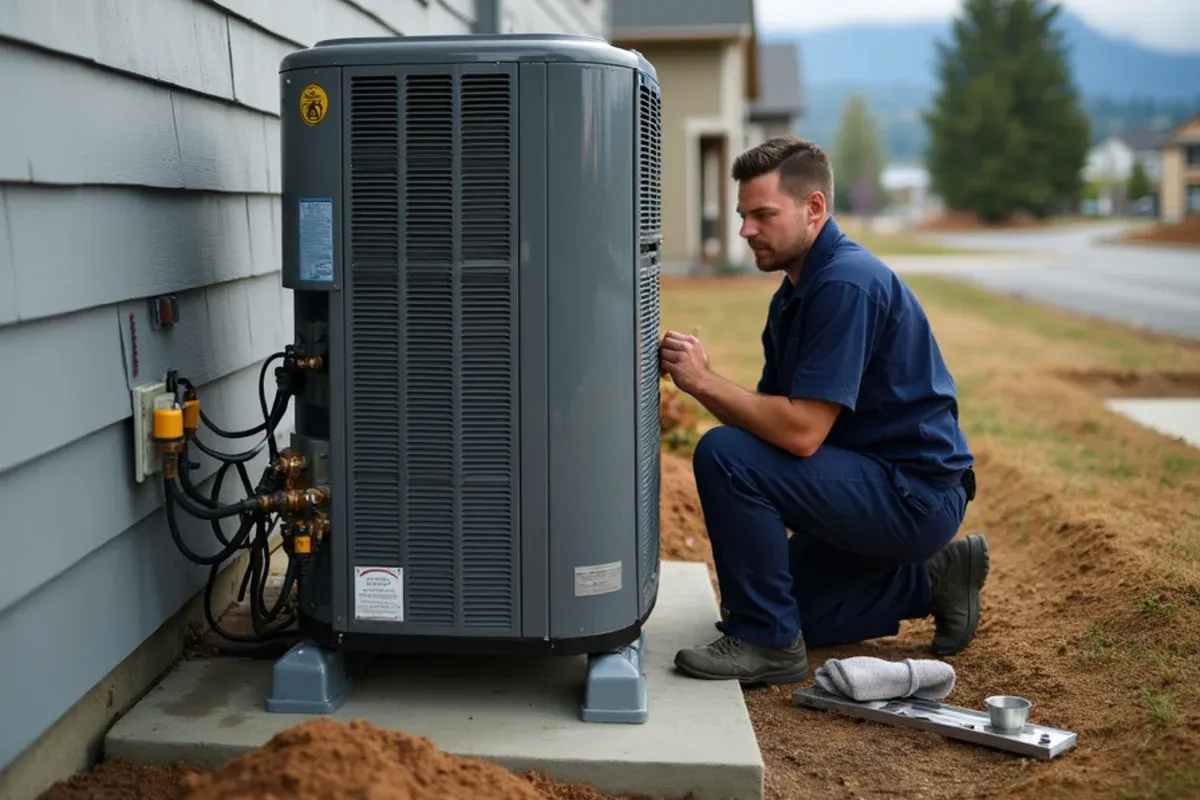 Technician verifying refrigerant charge on a new-construction heat pump in a Tumwater, WA subdivision