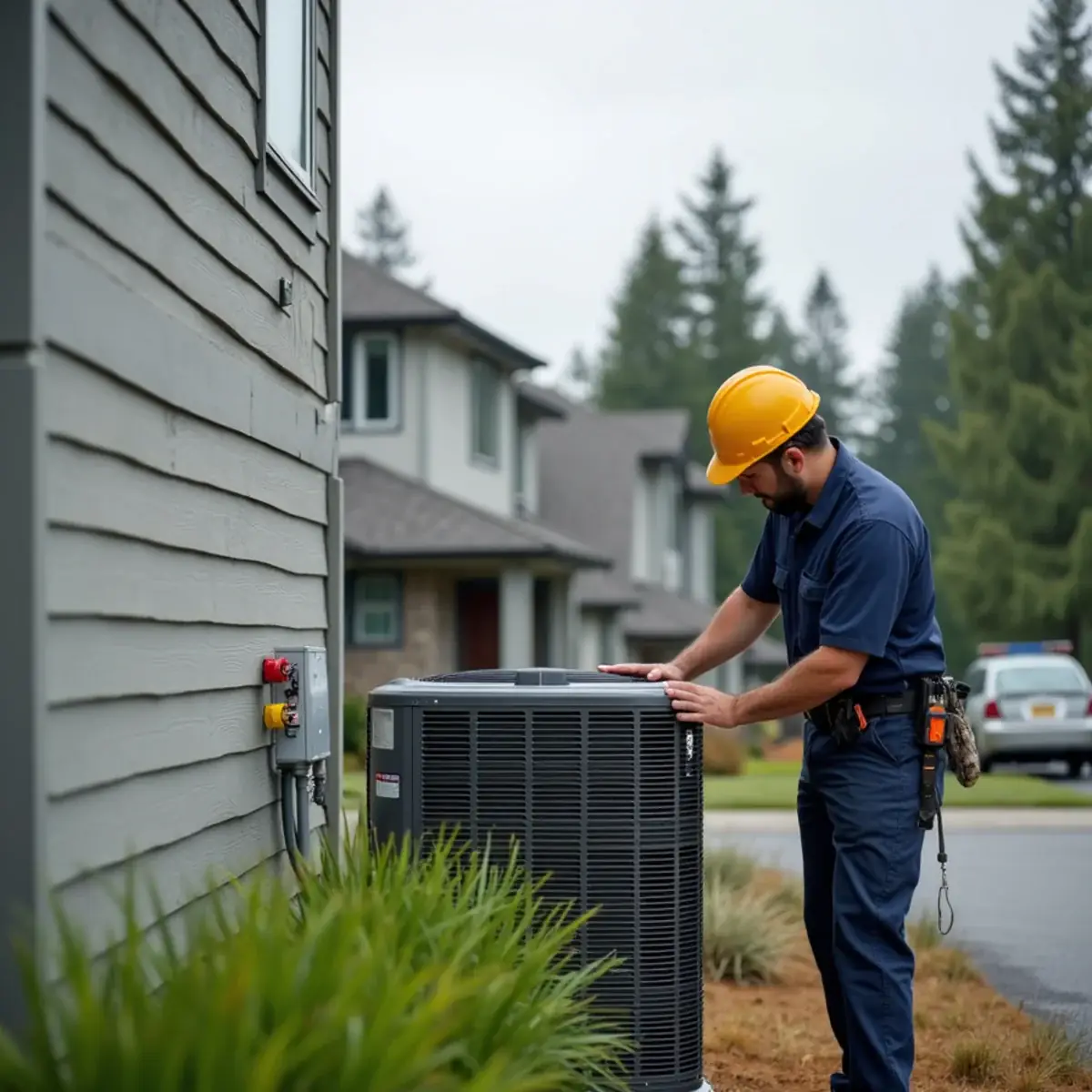 Technician servicing a heat pump at a new-construction home in Tumwater, WA