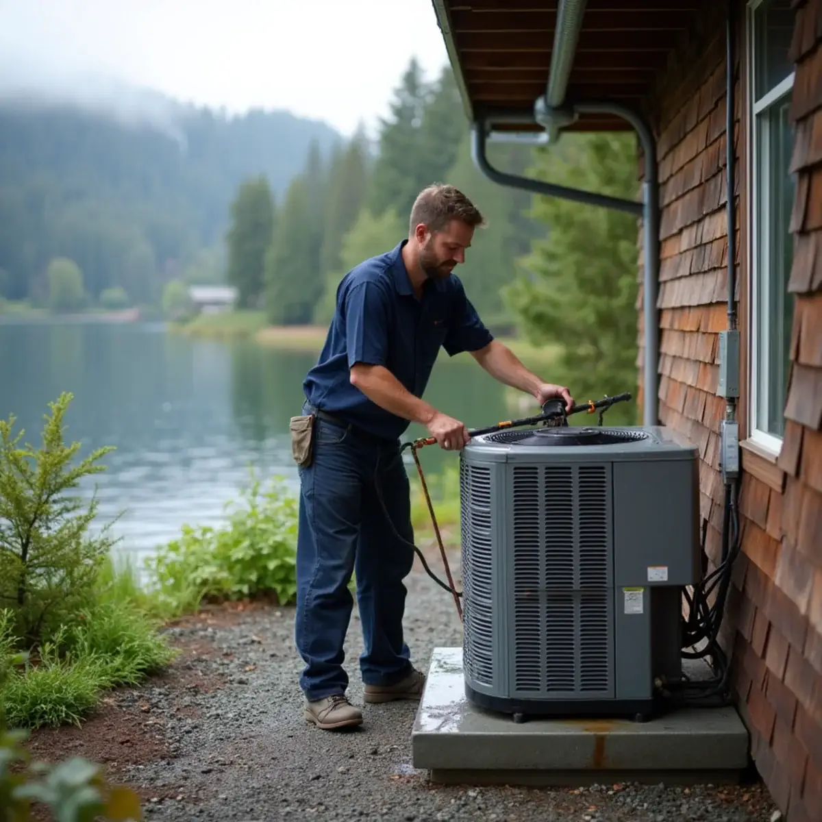HVAC technician servicing a heat pump beside a Hood Canal waterfront cabin in Union, WA