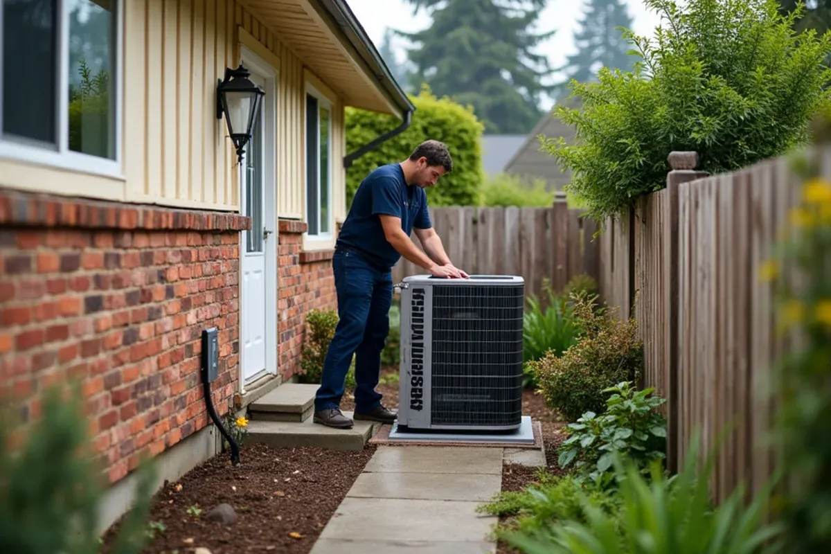Heat pump being set in the narrow side yard of a 1970s rambler in University Place, WA