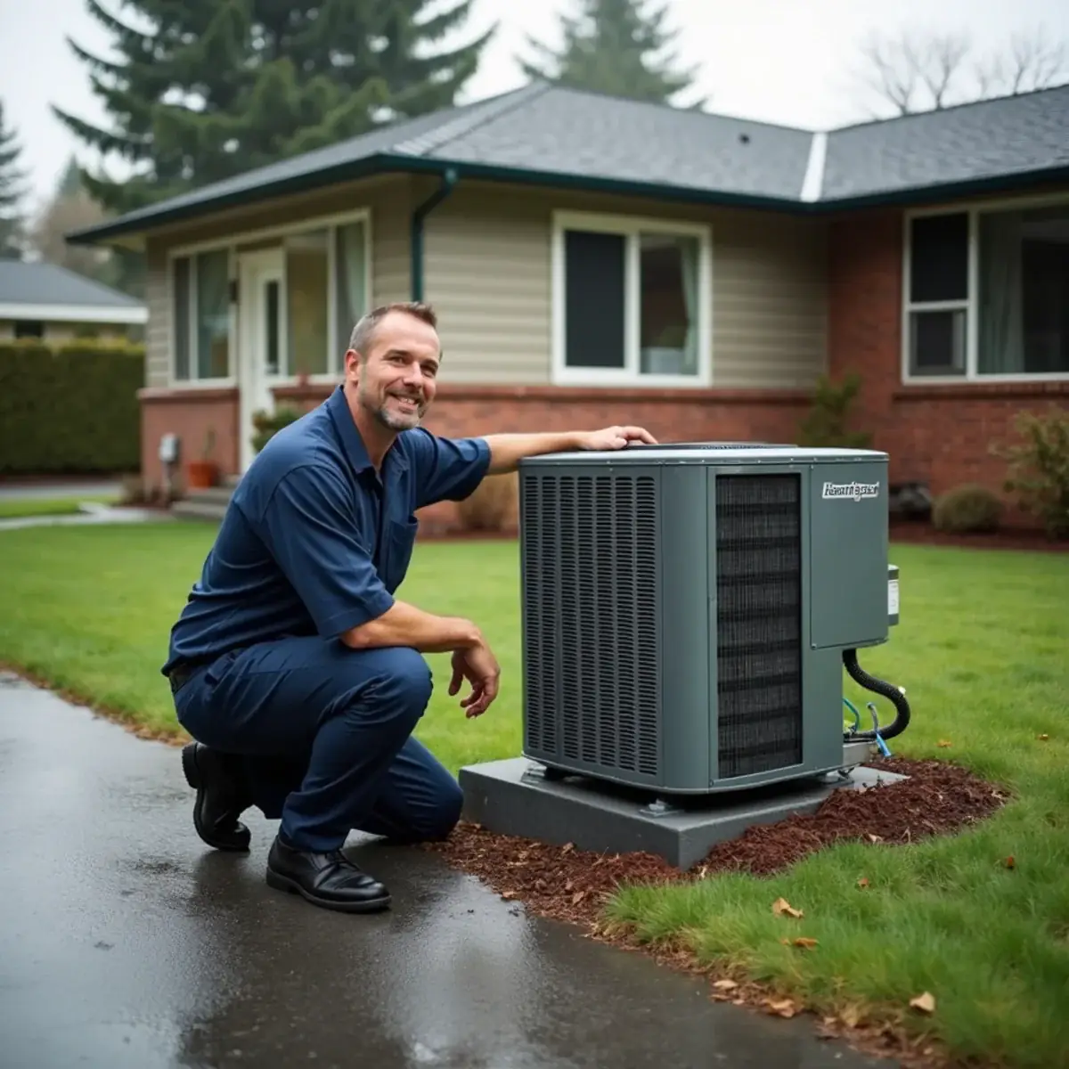 Technician servicing a heat pump beside a 1970s rambler in University Place, WA
