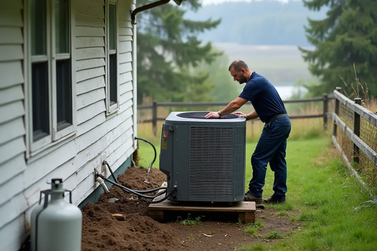 Heat pump installed at an old island farmhouse with a propane tank and well house on Vashon, WA