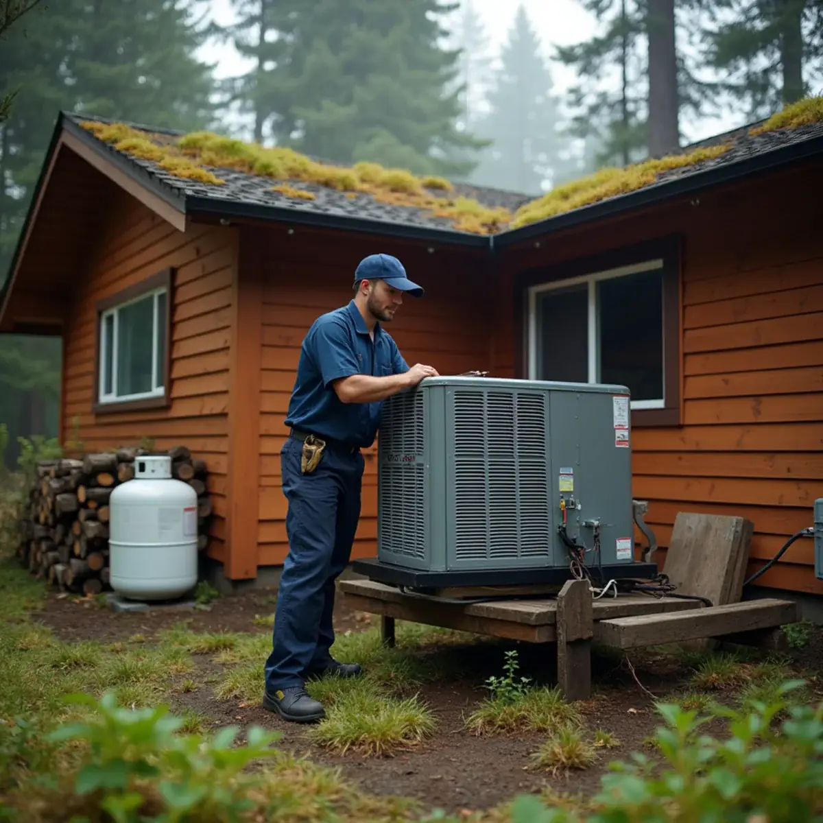 Technician installing a heat pump at a rural cedar home on Vashon Island, WA