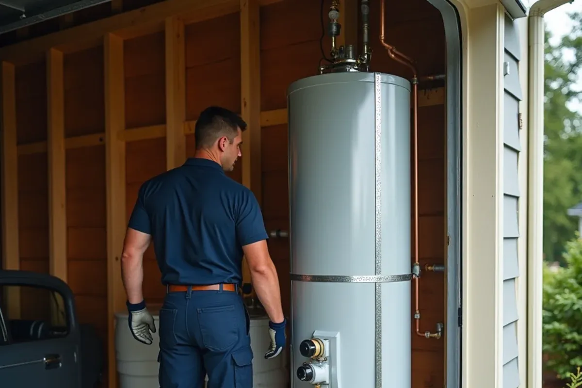 Seismic-strapped water heater with T&P discharge line, expansion tank and drain pan in a Bremerton, WA garage